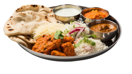 an Indian thali platter,Indian food isolated on transparent and white background.PNG image.