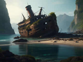 A wrecked ship lies abandoned on the shores of a deep island with no one around