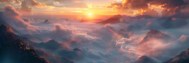 Mountains of mountain layers, clouds of sunrise and mist realistic nature and landscape