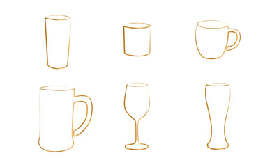 Set of continuous line art drinking glasses, vektor illustration.