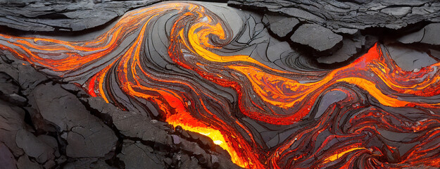 Molten Lava Swirls Create a Mesmerizing Natural Abstract. The earth's fiery blood forms hypnotic patterns, contrasting the hardened crust above. Panorama with copy space.