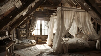 A cozy attic loft transformed into a rustic bedroom retreat with exposed wooden beams, a canopy bed draped in sheer curtains, and a cozy seating area by the dormer window