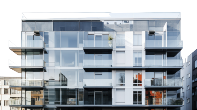 geometric apartment building with a glass facade, isolated on transparent and white background.PNG image.