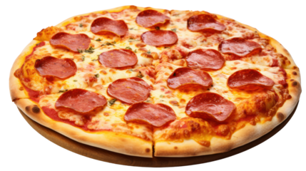 a delicious pizza with melted mozzarella cheese awaits its hungry audience isolated on transparent and white background.PNG image.