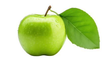 fresh green apple with a vibrant green leaf, isolated on transparent and white background.PNG image.
