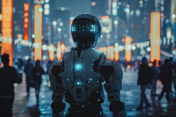 A robot stands in front of a nighttime crowd in the electric blue city streets - Powered by Adobe