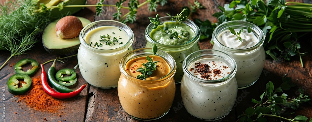 Wall mural assorted small jars of homemade ranch dressing with avocado, herbs, and hot pepper. - Wall murals
