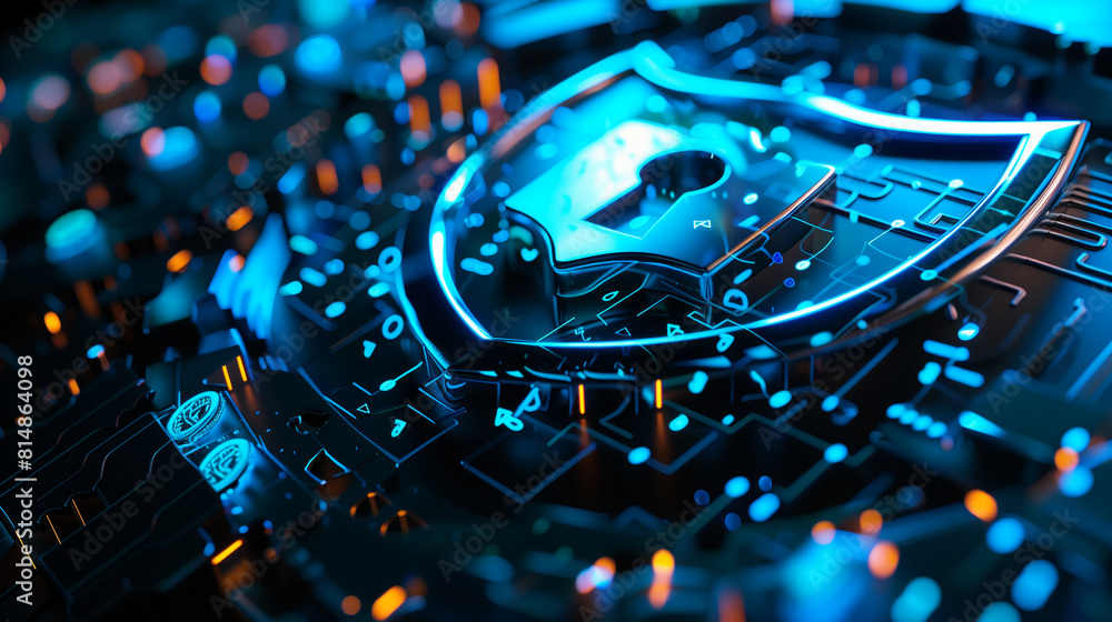 Poster a computer chip with a red and blue lock on it