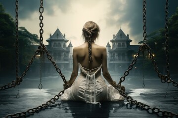 Mysterious woman in a white dress sitting before the imposing gates of a gothic mansion at dusk
