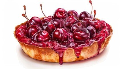 Cherry Clafoutis isolated on white background hyper realistic close-up French dessert theme digital painting vivid