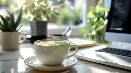 Fototapeta premium A matcha cappuccino on a work table in a boho-style office