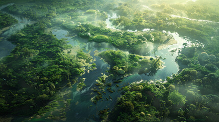  An aerial view showcasing the intricate layout of Eden, with all four rivers visible, teeming with life and diverse vegetation. 