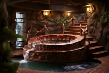 Cozy and inviting hot tub room with stone walls, warm lighting, and a gentle waterfall