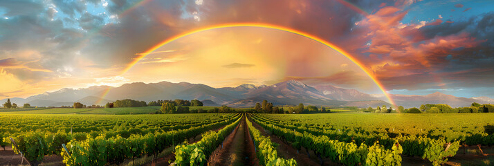 A Vibrant Rainbow Arches Over Lush Vineyard   Symbolizing Prosperity and Abundance in Stock Photo Concept
