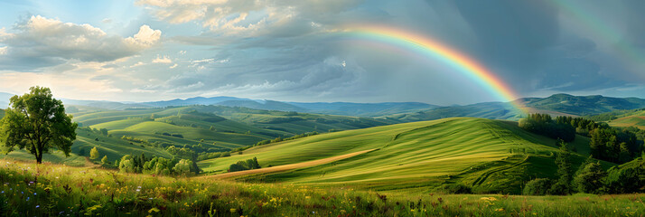 Nature s Spectacle: Vibrant Rainbow Embracing Idyllic Rolling Hills   Photo Realistic Rural Delight