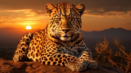 Leopard silhouette against vibrant sunset sky, showcasing stunning wildlife in twilight