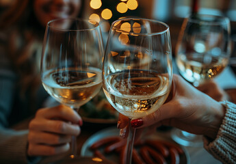 Obraz premium Two women are clinking wine glasses in a celebratory toast at a dinner party