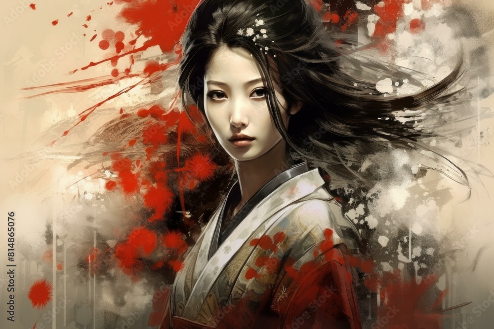 Wall mural digital art of a geisha with flowing hair against a backdrop of red splatters