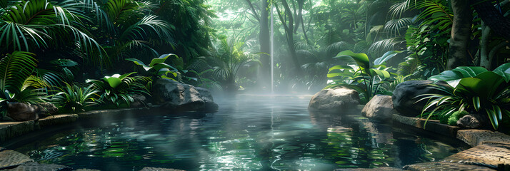 Haven in Rainforest Hot Springs: A Sanctuary of Peace Amidst Lush Foliage   Photo Realistic Concept