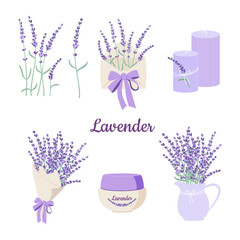 Lavender clipart set. Bouquet, branches, envelope, candles, flowers, cosmetics. Vector illustration isolated on white background