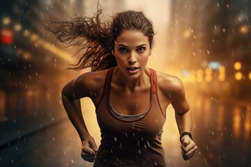 Focused young female runner jogs through a cityscape under a rainy, moody sky