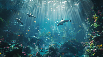 An expansive underwater scene, clear blue ocean filled with playful dolphins and colorful fish, illuminated by beams of sunlight from above. 