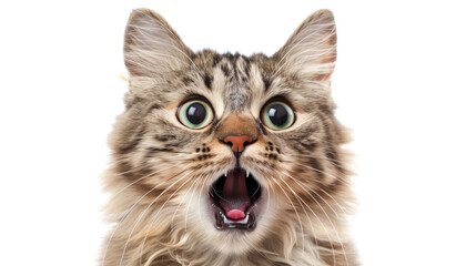 Surprised Cat. Stunning Photo of a Fluffy Tabby Maine Coon Exuding Humor and Amazement with Its Open Mouth and Expressive Eyes - Image made using Generative AI