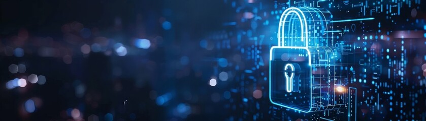 Secure your online transactions and data with advanced cybersecurity measures, illustrated with a digital lock icon on a dark blue backdrop.