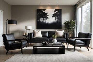 Fototapeta premium Luxurious Modern Living Room with Black Leather Sofas, Misty Forest Wall Art, and Elegant Decor