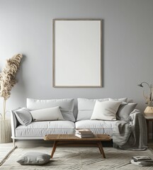 mock up poster frame in modern interior background, close up, living room, Scandinavian style, 3D render, 3D illustration.