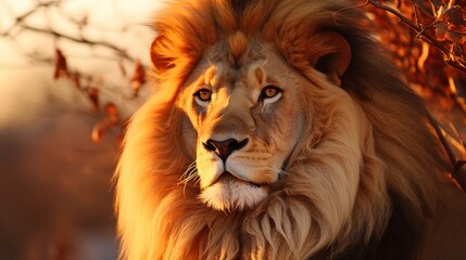 Naklejka premium Majestic lion silhouette against a colorful and vibrant sunset, wildlife at dusk