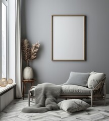 mock up poster frame in modern interior background, close up, living room, Scandinavian style, 3D render, 3D illustration.