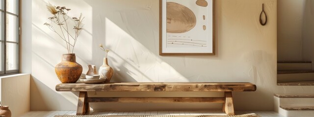 A wooden bench with ceramic pots and vases on it, framed wall art.