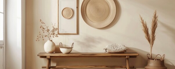 A wooden bench with ceramic pots and vases on it, framed wall art.