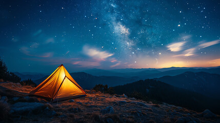 Generate a cinematic landscape image of a tent at night