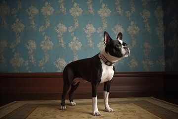 Boston Terrier Standing in Vintage-Style Room