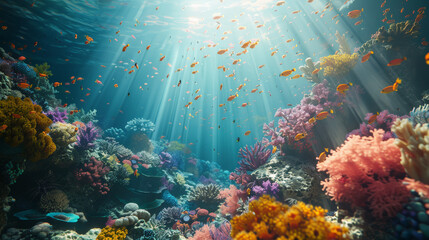 Fototapeta premium An underwater coral reef scene, teeming with colorful marine life. PBR textures render the water and organisms realistically, while light rays filter beautifully through the water.