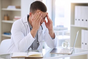 Doctor, frustrated and man in clinic with laptop for surgery mistake, headache pain and test...