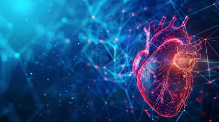 A heart is shown in a blue and red background. The heart is surrounded by a web of lines, giving it a futuristic appearance. Concept of technology and innovation