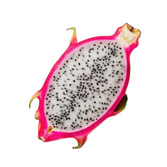 A close up of a dragon fruit with black seeds