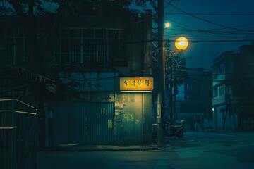 An urban street corner adorned with a vintage signboard, its yellow lights creating a captivating...