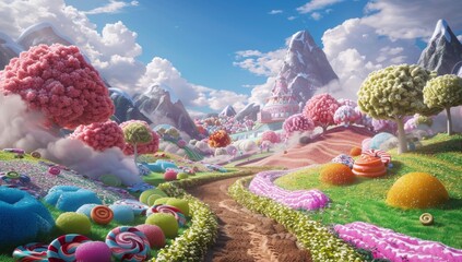 A fantasy candy land with trees made of lollipops, colorful mountains and fields filled with chocolatey soil, a winding path leading to an opulent palace made from gummy bears and swirls of frosting.