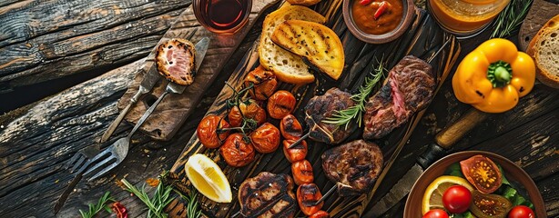 Fototapeta premium BBQ with grilled food, top view banner.