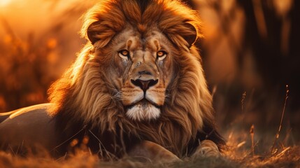 Naklejka premium Majestic lion silhouette against the stunning and vibrant colors of the sunset sky