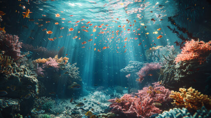 Obraz premium Capturing the essence of an underwater coral reef, this scene features a rich tapestry of marine life illuminated by light rays through the water.