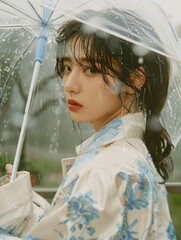 extremely beautiful kpop idol in the rain, wearing a white jacket with a blue flower pattern