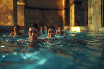 Aquatic fitness enthusiasts participating in water cycling class, energy driving forward with each pedal stroke .Women enjoying leisure time in the city pool, swimming in the refreshing water
