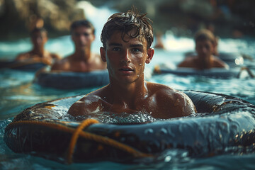 Aquatic obstacle course participants tackling challenging obstacles with determination .a group of men are floating on inner tubes in the water
