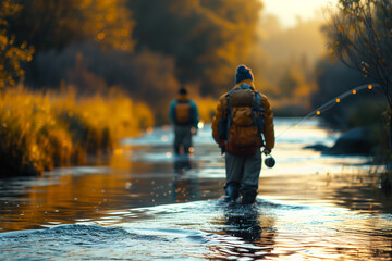Fly fishermen casting lines into pristine mountain streams, immersing themselves in the tranquility of fly fishing .Two men fishing in river among natural landscape and fluvial landforms