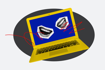Creative collage image laptop computer mouth caricature psychedelic concept face fragments smile...